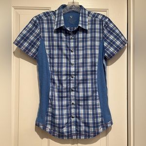 Kühl Suono Button Front Short Sleeve Shirt in Cornflower Blue Plaid